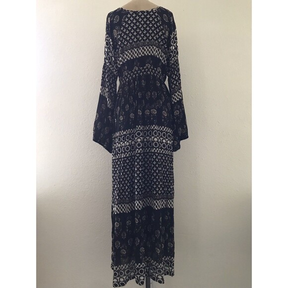 Raga Black Floral V Neck Long Sleeve Flowy Bohemian Casual Maxi Dress M - Picture 5 of 7